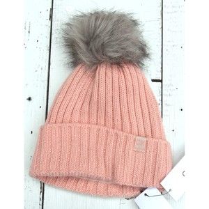 Calvin Klein Womens One Size Cream PINK Ribbed Pom Pom Hat NEW